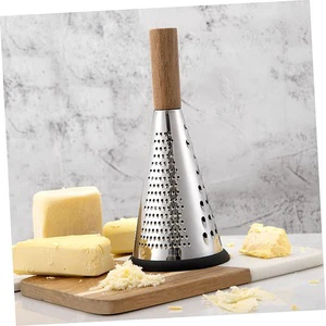 Cone Cheese Grater with Handle Stainless Steel Triple Function Wood Handle Parmesan Shaver Non-Slip Rubber Bottom