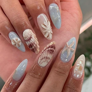 30-Piece Set: Ocean-Themed 3D Starfish & Seashell Premium Press-On Nails with Embossed Designs In-Stock Wholesale