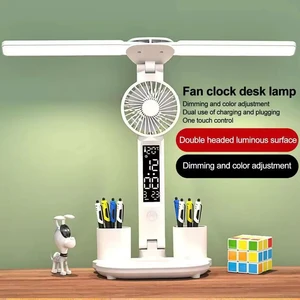 LED Desk Lamp with Dimmable Eye Protection Clock Fan 3-in-1 Dual Head USB Learning Dormitory Bedroom Bedside Reading Night Light