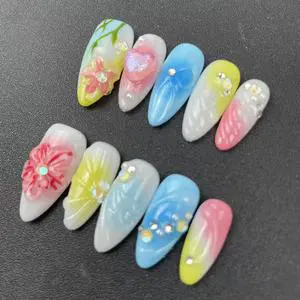 Factory Wholesale High-quality Handmade Press-on Nails, Almond Shape, Summer Hot-selling 3D Carved Colorful Styles, Reusable