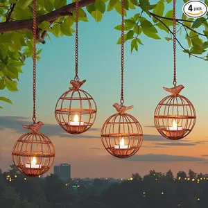 Outdoor Solar Hanging Lantern Lights 4 Pack Rustic Ball Birdcage Hanging Candle Waterproof Chandelier for Tree