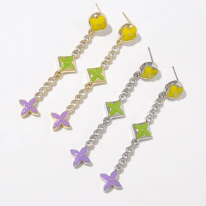 Colorful Enamel 18K Gold Plated Trendy Party Wedding Fine Jewelry Brass Zircon Insert Long Designer Flower Clover Shiny Earrings