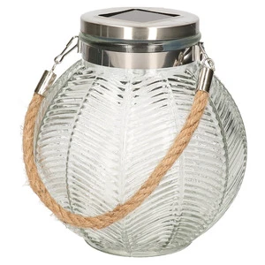 Solar Glass Leaf Pattern Mason Jar Lantern Outdoor LED Table Lamp Tabletop Light Garden Decorative Lights for Balcony Patio