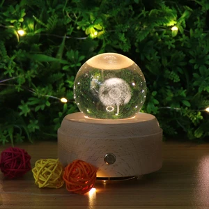 CE ROHS KC Certified LED Lampara Wooden Table Lamp Dandelion 3D Crystal Ball Night Light With Music Box