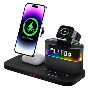 NEW High Quality 2024 Newest 5 In 1 Magnetic Charging Stand Smart Desk 15W Led Night Light Wireless Charger With Alarm Clock