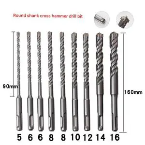 9-Piece Hammer Drill Bit Set, Round Shank, Two-Fret, Two-Groove Concrete Through-Wall Alloy Impact Drill Bit SDS PLUS