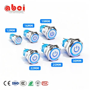 Abei Mini LED Ring Light Power Symbol Momentary Metal Push Button Switch 12/16/19/22/30mm Stainless Steel IP65 3A Plastic