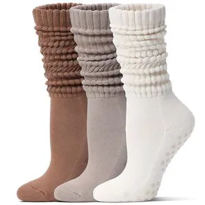 Totally Pilates Crew Socks Grips Women Thick Slouch Non-Slip Yoga Barre Cushioned Workout Breathable Cotton Scrunch Socks