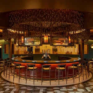 Turnkey Immersive Bar Interior Package Counter Chandelier Flooring Global Installation for Cultural Dining Space