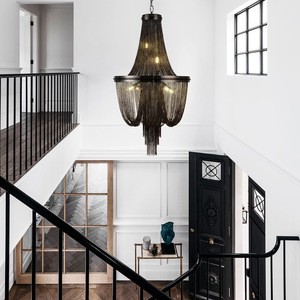 Zhongshan Custom Indoor Fringed Black Aluminum Chain Tassel Art Decor Chandelier Hotel Lobby Pendant Lamp Living Room Villa