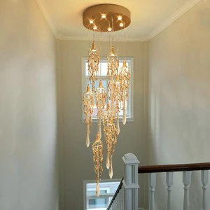Crystal Teardrop Pendant Lamp for Villa Stairs 20 Gold Branching Foyer Chandelier for Lighting Villa Staircase