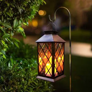 Solar Iron Outdoor Waterproof Lantern 3 LED Flickering Flameless Candles IP44 Rated AA/AAA Battery Dimmable 360 Beam Garden