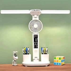 Double Head Rechargeable Dimmable Student Study Reading LED Table Lamp Calendar Date Touch Night Lights with Pen Holder Fan