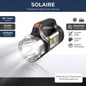 OEM Solar LED Searchlight 18650 USB C Rechargeable 200M ABS Portable Handheld Flashlight Outdoor Camping Emergency Custom Logo