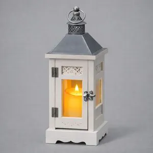 Elegant Handmade White and Grey Metal Candle Lantern with Glass Panels Warm LED Glow Indoor Outdoor Home Decoration Ramadan Gift