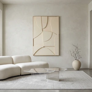 Minimalist Abstract Curved Geometric Wall Art Framed 3D Sandstone Impasto Relief Painting Beige Luxury Artwork Home Wall Decor