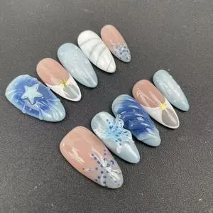 High-quality Handmade Nail Factory Wholesale Summer Hot-selling Almond Shape Blue Cool 3D Style Reusable