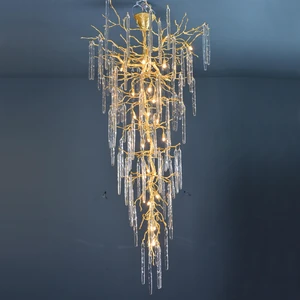 Luxury French Style Villa Duplex Building Brass Branch Shaped Large Chandelier Hotel Restaurant Water Droplet Crystal Lamp