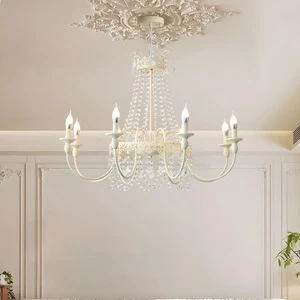 Meiliya Vintage American Crystal LED Chandelier 6-Light Off-White Metal Frame Pendant Light 2-Year Warranty 6000K Daylight Easy