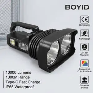 Boyid ABS Handheld 3000 Meters Rechargeable Yellow White High Power 30W IP55 Waterproof 5000 Lumens Xhp50 LED Searchlight 270