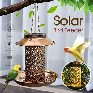 Hanging-Metal Outdoor Lantern Bird Feeder Waterproof Hummingbird Feeder Solar Light Warm White Solar Bird Feeder for Patio Decor