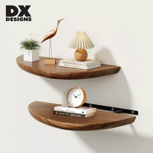 DX Designs 2 Pack Solid Wood Curved Rounded Floating Wall Shelves, Modern Wall Mount Storage for Living Room Bathroom Kitchen