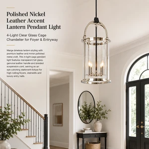 YH Mirror Polished Nickel Metal Lantern 4-Light Clear Glass Cage Chandelier Leather Cord Leather Handle Brass Pendant Light