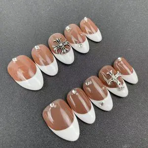 High-quality Handmade Nail Factory Wholesale Summer Hot-selling Almond Shape Hand-painted French Cross Style Reusable