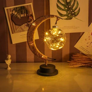 LED Moon Night Light Table Lamp Crescent Star Design Battery Operated Iron Rattan Hemp Rope Bedroom Home Holiday Ramadan Decor