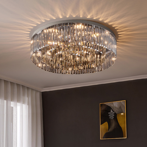 PM Stainless Steel Smoke Grey Crystal Ceiling Light Luxury Villa Circular Low Ceiling Lamp Modern Living Bedroom Pendant Lights