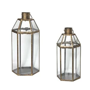 Vintage Handmade Brass Hexagon Glass Lanterns