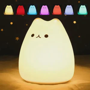 7 Colors LED Night Light Soft Silicone Cartoon Cat Sleeping Lamp Plastic Touch Sensor Home Bedroom Decoration for Kids & Babies