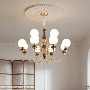 American Vintage Copper Glass Chandelier LED Pendant Mid-Century Modern Walnut Wood Middle 220V Adjustable Height High CRI 95