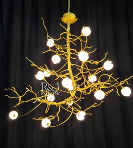 Custom Indoor Ceiling Pendant Glass Flower Decorative Lights Adjustable Height Tree Branch Chandelier Brass Lamp Middle Lighting