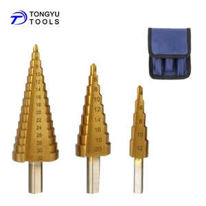 3Pcs Step Drill Bit Set, 4 - 32mm TiN Coated Tri Flats Shank HSS Unibit Cone Bit For Thin Metal Sheets Aluminum Tube Wood DIY