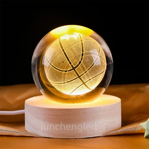 Music Box Charging Night Light with Wood Base 3D Crystal Ball Night Light LED Wood Base Table Lamp for Christmas Gift