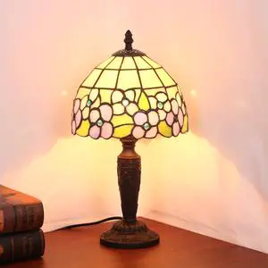 Tiffani Style 8Inch Dome AC LED Table Lamp Stained Glass Lampshade Green Leaves Red Roses Modern Design Flexible E26