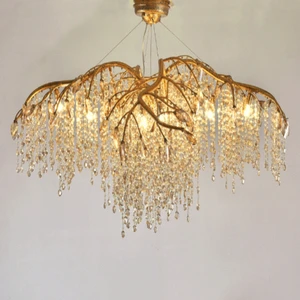 Golden Chandelier Amber Tinted Leaded Crystal Mystic Gold Finish Copper Branches Crystal Tassels Leaf Pendant Light