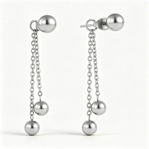 ZHENGUI Ball Dangle Earring Stainless Steel Silver Color Double Chain Round Bead Drop Fashion Jewelry