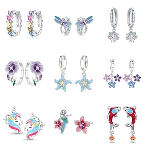 Fashion Earrings for Women Enamel Animal Flower Huggie Hoop Drop Stud Earrings Cute Koi Fish Dragonfly Starfish Jewelry Gift