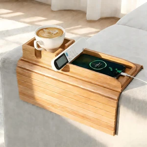 Factory Price Multifunction Bamboo Flexible Couch Cup Holder Sofa Armrest Tray Organizer For Snack Coffee Portable Sofa Arm Tray