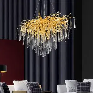 Nordic Luxury Tree Branch Pendant Light Gold Glass Dining & Living Room Hotel Suitable LED Rain Drop Chandeliers