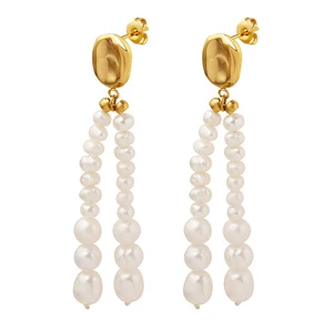 New Hong Kong Style Neutral Oval Shaped Baroque Freshwater Pearl Tassel Retro Earrings Anti Tarnish 316L 18K PVD Jewelry