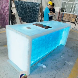 Blue Color Illuminated Furniture Natural Translucent Stone Crystal Quartz Kitchen Island Counter With RGB LED Light
