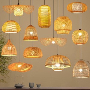 Modern Handmade Wicker Rattan Bamboo Wooden Shade Hanging Ceiling Lamp Retro Lighting for Home Woven Chandelier Pendant Light