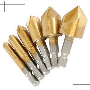 Wholesale 90-Degree Five-Blade Chamfering Drill Bit Deburring Tool Titanium-Plated 6-19 Set Woodworking Countersink Drills
