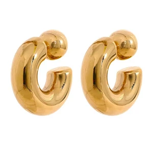 Stainless Steel C Shape Round Chunky Unusual Earrings Jewelry Waterproof Metal Texture Women Accessories