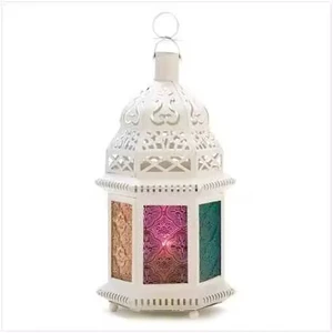 White Iron Lantern With Colorful Glass Panels Durable Design For Home Decoration Indoor Outdoor Flameless Light Feature Lantern