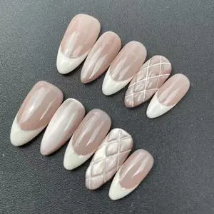 Factory Wholesale High-quality Handmade Press-on Nails, Almond Shape, Hand-painted White French Style, 3D Gel Design, Reusable