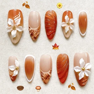 30-piece Autumn/winter Hot-selling Almond-patterned 3D Floral Maple Leaf High-end Leopard Print French Manicure Wholesale